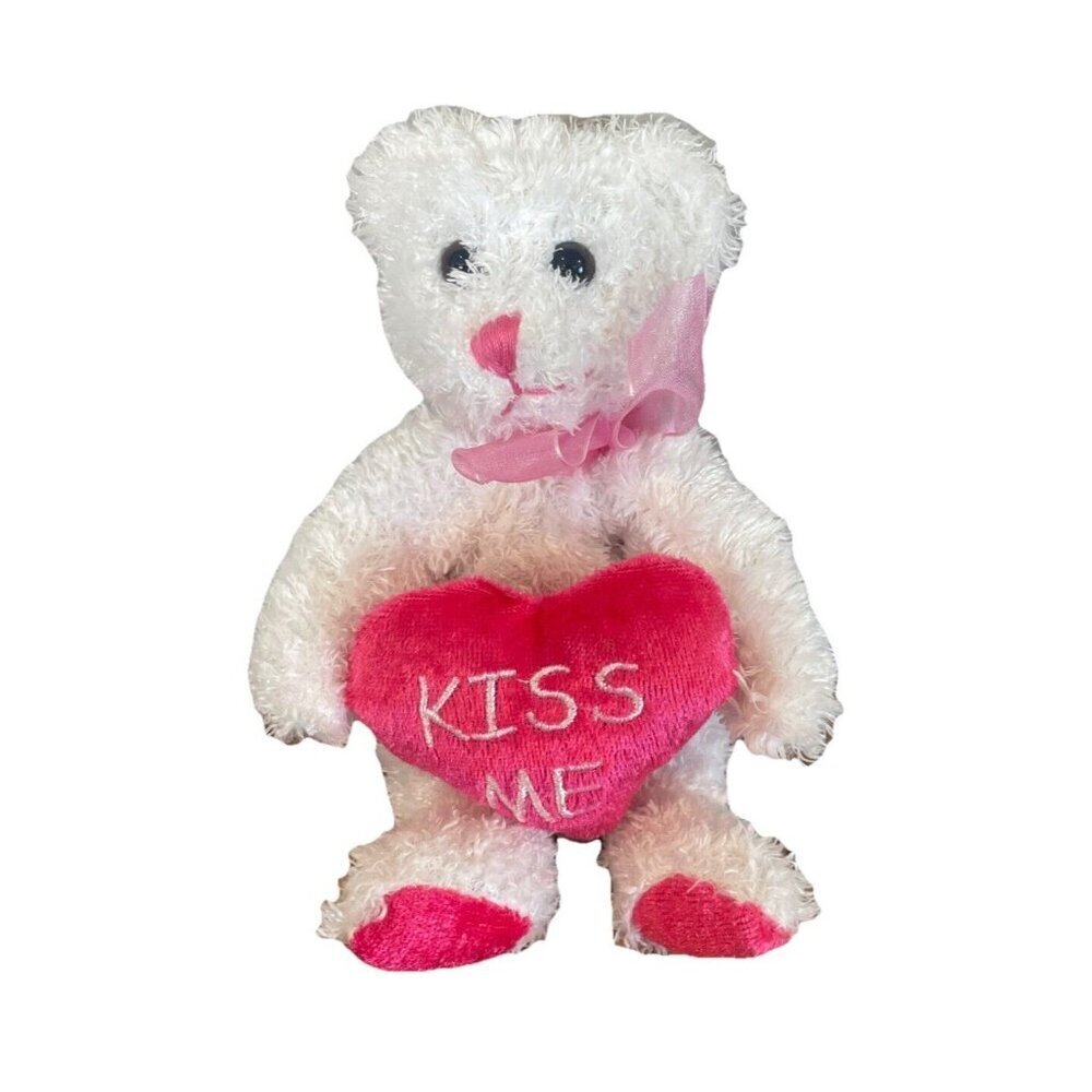 burton + Burton White Bear Valentine Plush holding "KISS ME" Pink Heart 8"